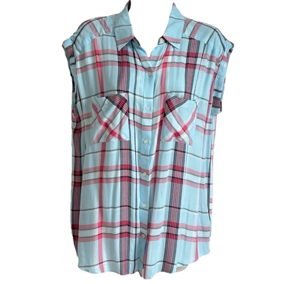 NWT Express Cap Sleeve High Low Plaid Button Down Top Blue Red M Lightweight - Picture 2 of 8